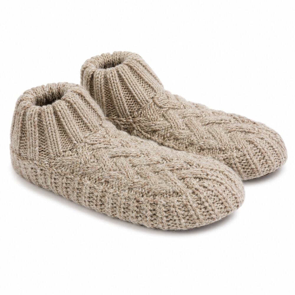 MUK LUKS sweater cuff slipper booties Oatmeal Beige Cable Knit Large Women 9/10